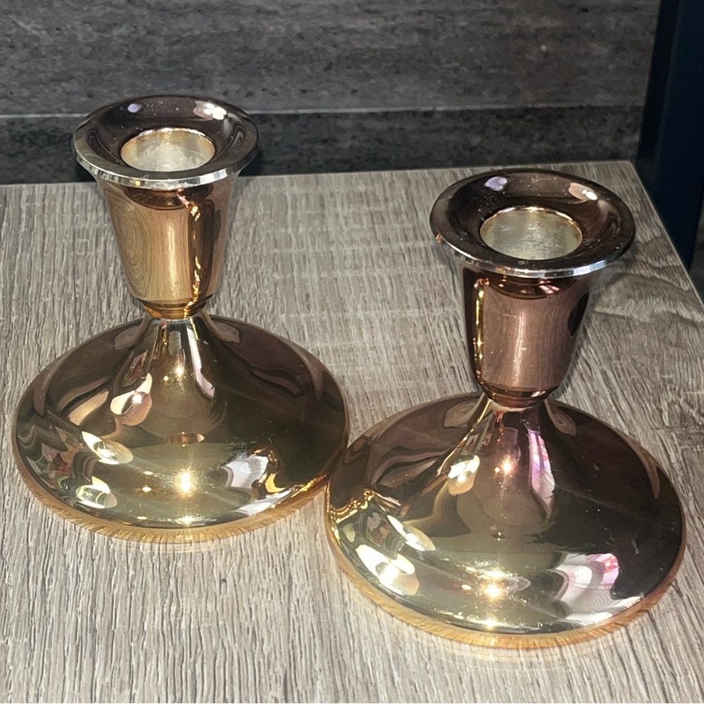 A Pair of Vintage Copper Luster Candlestick Holders. Made in Japan MCM Decor